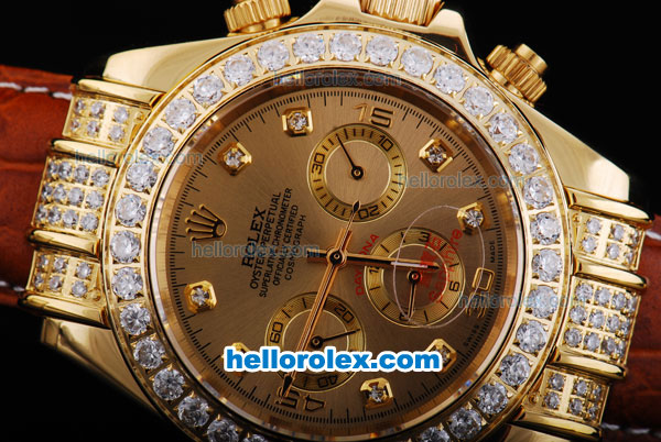 Rolex Daytona Oyster Perpetual Date Automatic Gold with Diamond Case,Gold Dial and Diamond Marking-Leather Strap - Click Image to Close